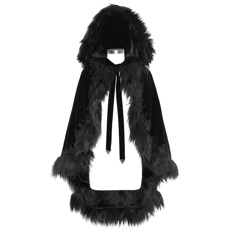 Gothic Velvet Long Fur Hooded Cloak