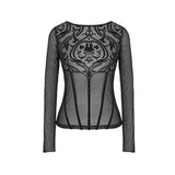 Court Gothic Flower Pattern False Girdle Mesh Sexy Women T Shirts