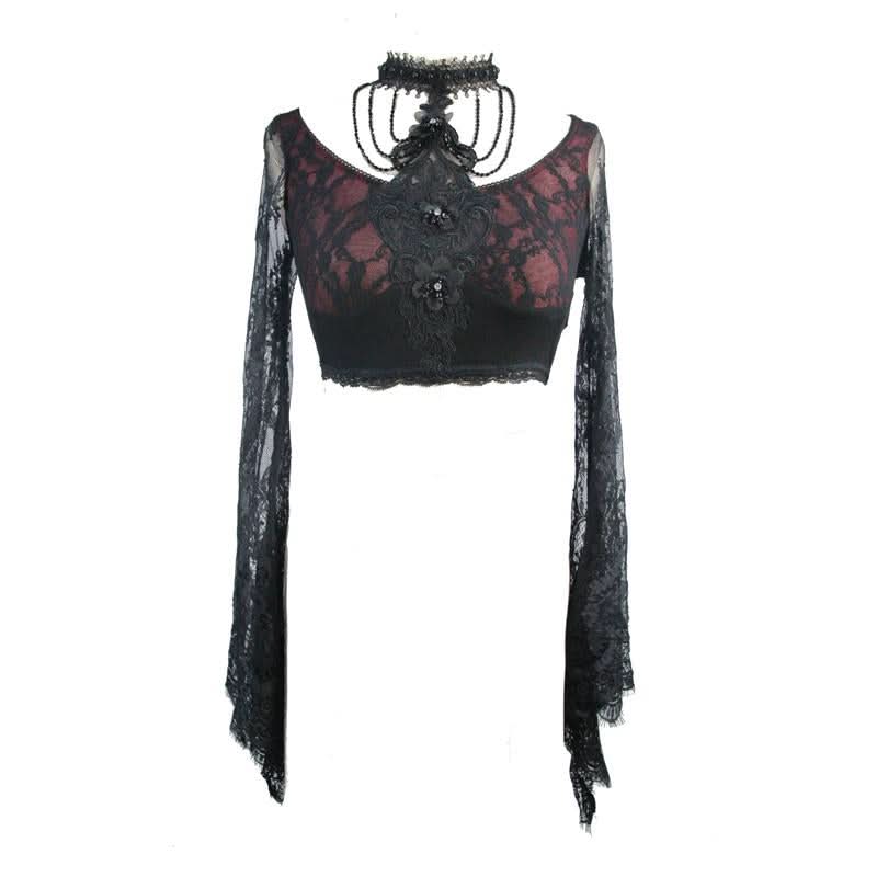 Summer Black And Red Sexy Women Lace Sleeve Ultrashort Halter T Shirt With Bead Chains