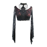 Summer Black And Red Sexy Women Lace Sleeve Ultrashort Halter T Shirt With Bead Chains