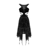 Semilucent Black Queen Cross Flocking Printed Sleeveless Sexy Women Mesh Dress