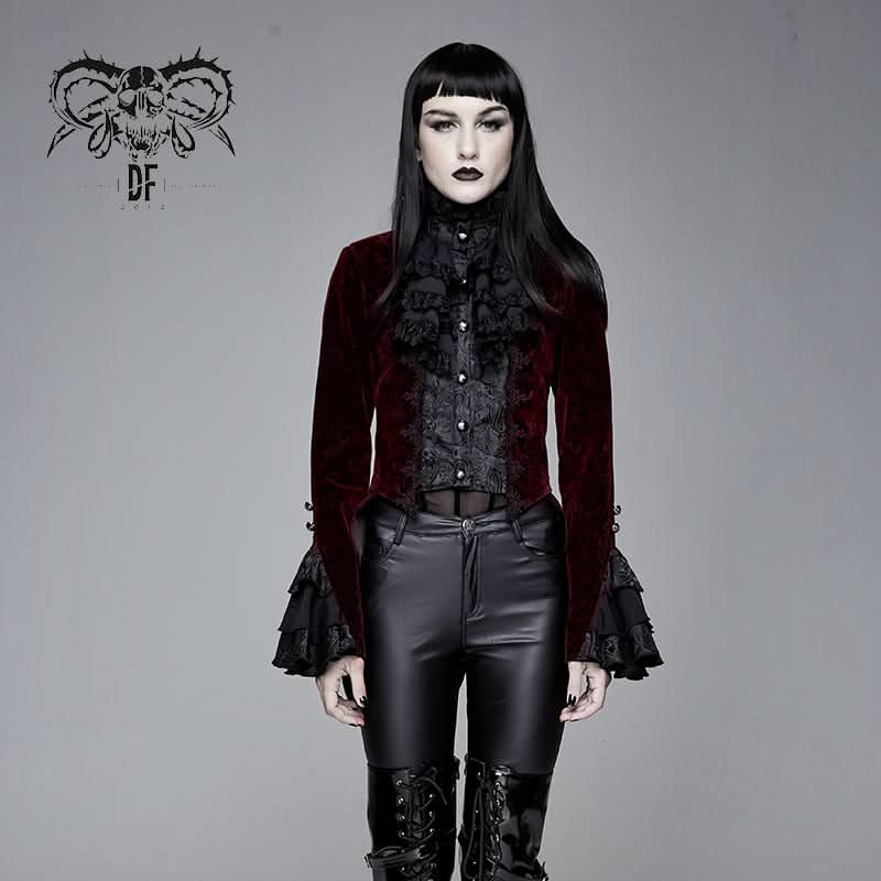 Autumn Red Women Gothic Party Paisley Jacquard Velvet Swallow Tailed Jackets