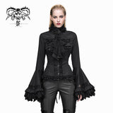 Women Gothic Big Flared Sleeves Lace Up Black Cotton Blouse With Necktie