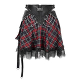 Daily Black And Red Young Girls Punk Lace Up Scottish Plaid Tartan Skirts With Bag