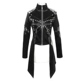 Cyber Punk Nailed Zipper Up Black Bright Leather Women Long Coat