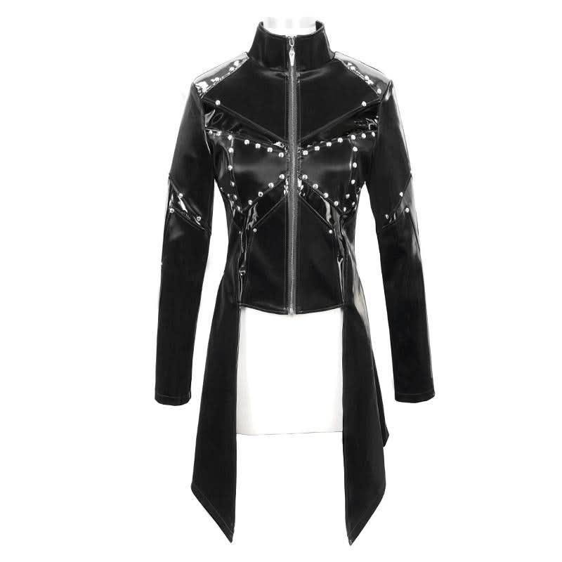 Cyber Punk Nailed Zipper Up Black Bright Leather Women Long Coat