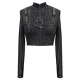 Tt166 Cyberpunk Print High Neck Long Sleeve Ultra Short T Shirt