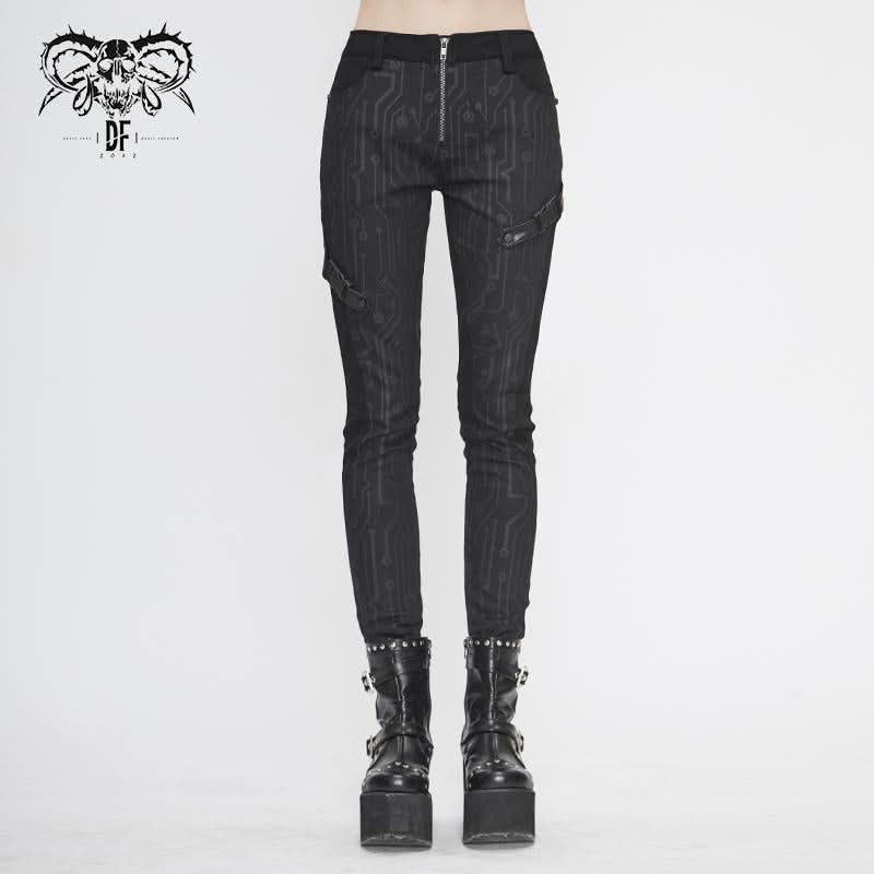 Pt142 Cyberpunk Circuit Printed Leather Loops Women Pants