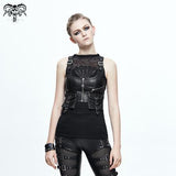 Women Black And Silver Punk Short Faded Leather Waistcoat With Pockets