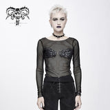 Punk Skeleton Palm Leather Embroidery Fetish Sexy Women Round Collar Mesh T Shirt