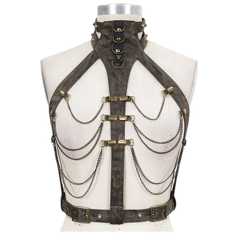 Steampunk Accessories Brown Women Distressed Body Harness With Chains
