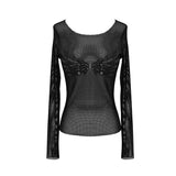 Punk Skeleton Palm Leather Embroidery Fetish Sexy Women Round Collar Mesh T Shirt