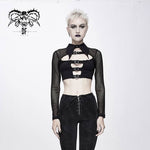 Everyday Summer Bat Collar Hollow Out Mesh Long Sleeves Women Midriff Baring Tops