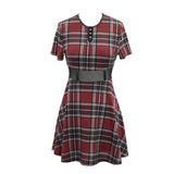 Daily Life Cool Girls Mesh Waist Stretchy Mid Length Scottish Red Plaid Dress With Chains