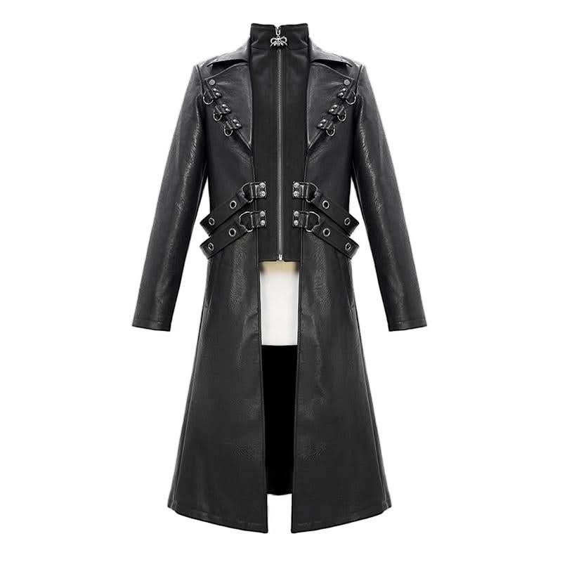 Military Uniform Symmetrical Men Long Leather Coat