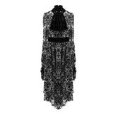 Daily Black Queen Floral Flocking Printed Long Sleeves Velvet Tunic Dress With Tie