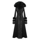 Winter Sexy Women Black Gothic Double Faced Woolen Hooded Long Coat With Fur