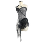 Black And Silver Irregular Chiffon Lace And Ruffles Hem Corset With Shoulder Strap
