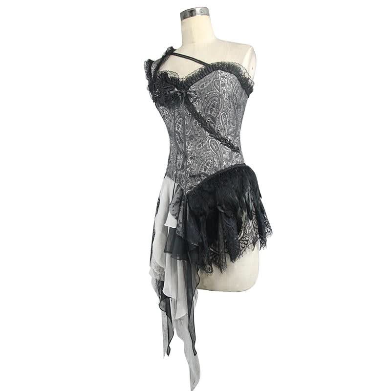Black And Silver Irregular Chiffon Lace And Ruffles Hem Corset With Shoulder Strap