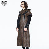 Double Sleeves Steampunk Brown Leather Hooded Men Long Coat