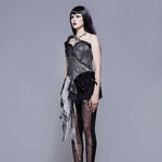 Black And Silver Irregular Chiffon Lace And Ruffles Hem Corset With Shoulder Strap