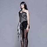Black And Silver Irregular Chiffon Lace And Ruffles Hem Corset With Shoulder Strap