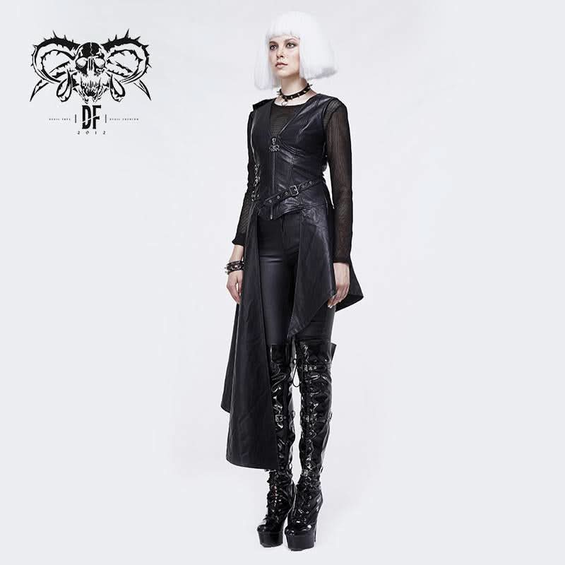 Zipper Up Asymmetric Sleeveless Women Punk Rock Mid Length Leather Dress