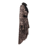 Everyday Apricot Queen See Through Printed Long Sleeves Velvet Belted Dress With Tie