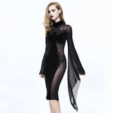 Gothic Cross Shape Stand Collar Flared Sleeves Sexy Ladies Stretchy Middle Length Velvet Dress