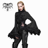 Women Gothic Big Flared Sleeves Lace Up Black Cotton Blouse With Necktie