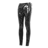 Cyber Punk Circuit Printed High Quality Stretchy Glazed Leather Men Tight Trousers