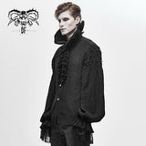 Gothic Double Layer Cuff Design High Collar Pleated Chiffon Black Men Lace Shirts