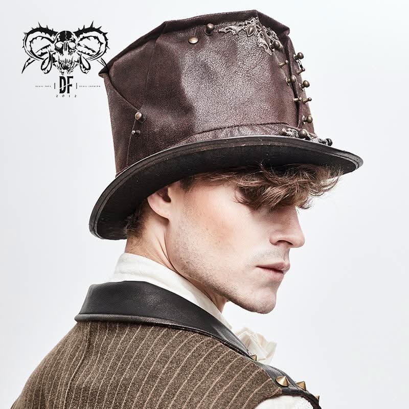 Steampunk Metallic Brown Unisex Spiked Leather Top Hat