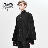 Steampunk Puff Sleeve Dark Grain Jacquard Cotton And Linen Men Black Shirts