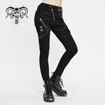 Spring Punk Streetwear Printed Stretch Fitted Women Black Pants With Zippper