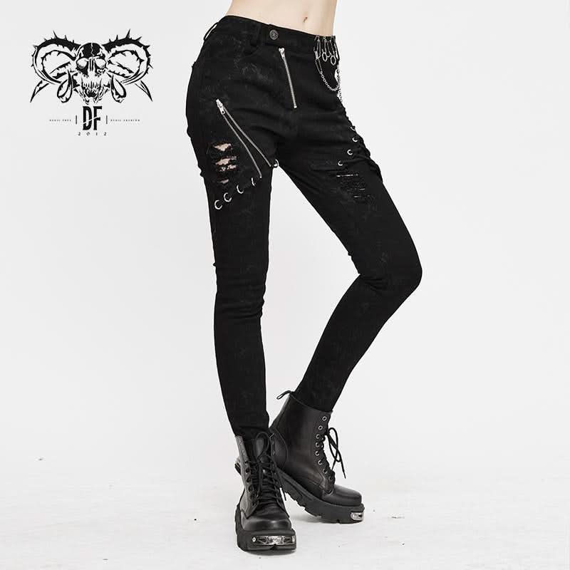 Spring Punk Streetwear Printed Stretch Fitted Women Black Pants With Zippper