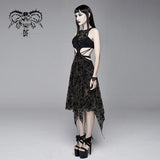 Semilucent Black Queen Cross Flocking Printed Sleeveless Sexy Women Mesh Dress