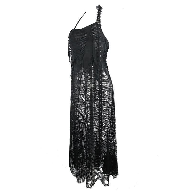 Daily Summer Sexy Girls Punk Broken Holes Mesh Peplum Halter Dress