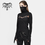 Punk Black Turtleneck Dark Pattern Winter Long Sleeves Sexy Women T Shirts