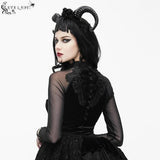 Rose Embossed Small Stand Collar Lace Sleeves Velvet Sexy Women T Shirt