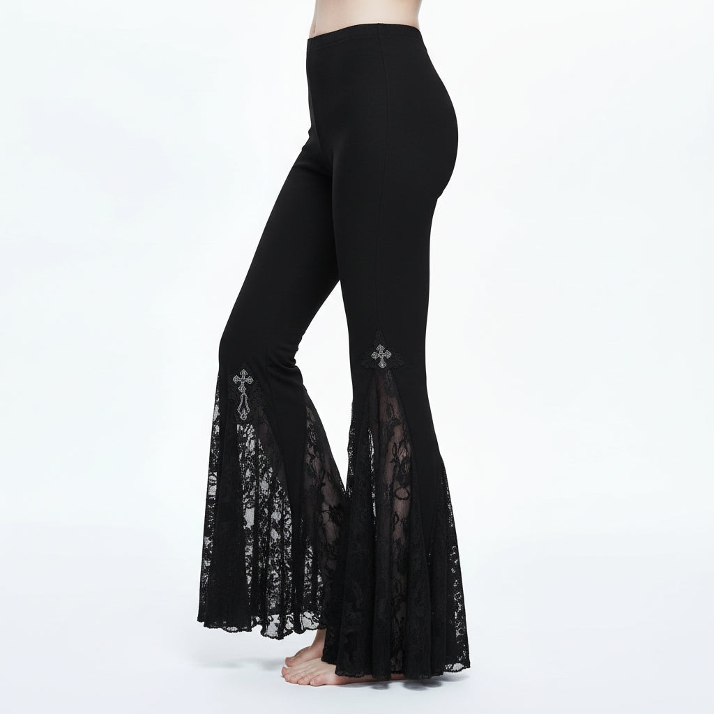 Gothic Women Cross Decoration Knit Lace Bell Bottoms Pants