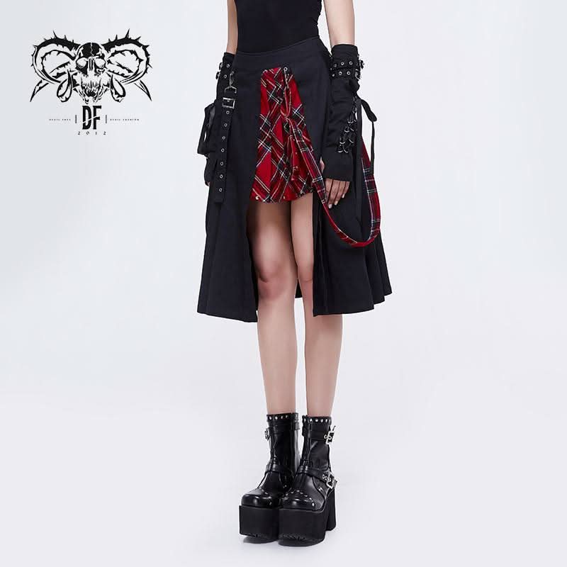Daily Life Young Girls Fake 2 Pieces Black And Red Scottish Plaid Overskirt With Adjust Loops