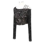 Japanese Fashion Daily Life Off The Shoulder Punk Hollow Out Sexy Women Long Sleeve T Shirt