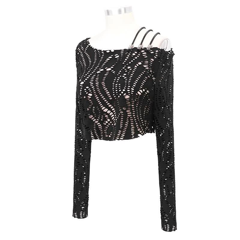 Japanese Fashion Daily Life Off The Shoulder Punk Hollow Out Sexy Women Long Sleeve T Shirt