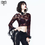 Daily Wine Flocking Pattern Rose Mesh Horn Sleeves Sexy Women Stretchy Lace Short Tops