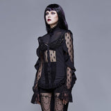 See Through Diamond Pattern Lace Sexy Ladies Gothic Chiffon Blouse With Beaded Flower