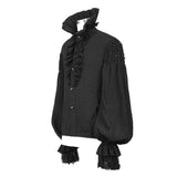 Gothic Double Layer Cuff Design High Collar Pleated Chiffon Black Men Lace Shirts