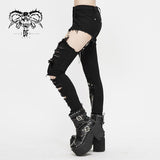 Punk Asymmetrical Spliced Broken Hole Women Worn Out Pants With Chains