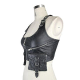 Women Black And Silver Punk Short Faded Leather Waistcoat With Pockets