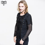 Punk Men Tattered Knitted Diamond Mesh T Shirt With Ribbons